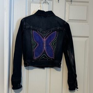 Twenty One Cropped Dark Blue Denim Jacket Butterfly Distressed Custom Graffiti